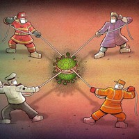 Tak hanya tenaga medis, tapi juga polisi, pemadam kebakaran dan petugas laboratorium. Dia menggambarkan kekuatan solidaritas, empati dan saling melindungi dalam ilustrasinya. Foto: Instagram/@alirezapakdel_artist