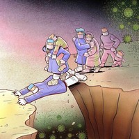 Nyawa mereka terancam. Menangani pasien-pasien yang terinfeksi virus corona, risiko mereka terpapar COVID-19 pun sangat tinggi. Bahkan ratusan tenaga medis juga menjadi korban meninggal dari virus yang menyerang pernapasan ini. Foto: Instagram/@alirezapakdel_artist