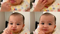 Di usia 9 bulan, Thania tentu sudah diperkenalkan berbagai MP ASI. Seperti ini nih reaksi Thania saat diperkenalkan makanan yang belum pernah ia coba. Foto: Instagram
