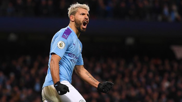 MANCHESTER, ENGLAND - JANUARY 18: Sergio Aguero of Manchester City celebrates scoring his first goal during the Premier League match between Manchester City and Crystal Palace at Etihad Stadium on January 18, 2020 in Manchester, United Kingdom. (Photo by Laurence Griffiths/Getty Images)