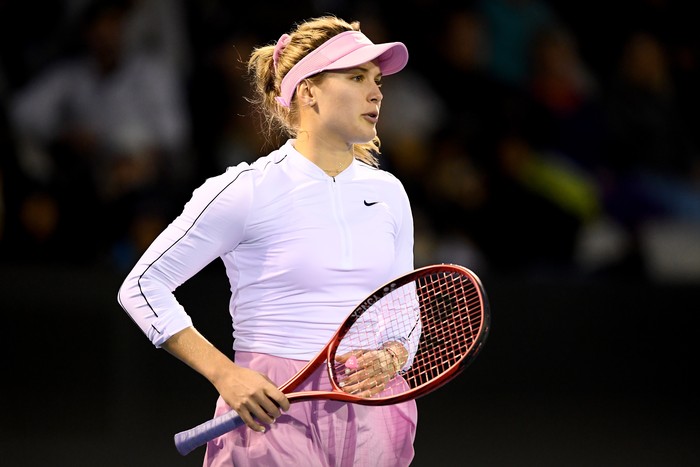 AUCKLAND, NEW ZEALAND - JANUARY 06:  Eugenie Bouchard of Canada celebrates a point in her first round match against Kirsten Flipkens of Belgium during day one of the 2020 ASB Classic at ASB Tennis Centre on January 06, 2020 in Auckland, New Zealand. (Photo by Hannah Peters/Getty Images)
