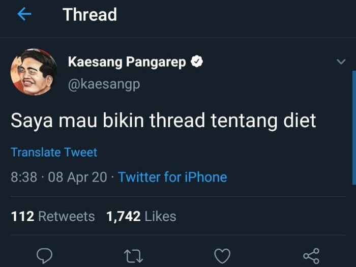Thread Kaesang Pangarep soal diet, Rabu (8/4/2020).