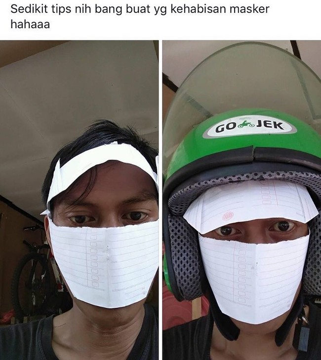 Masker memang langka dan cukup sulit ditemukan ketika pandemi COVID-19. Tapi pengemudi ojek online ini tak kehabisan ide untuk membuat masker dari kertas. Foto: Istimewa