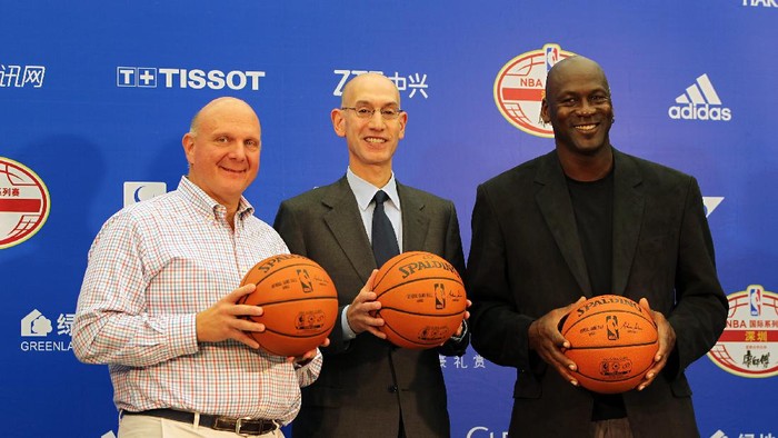 SHENZHEN, CHINA - OCTOBER 11: Steve Ballmer, owner of Los Angeles Clippers, NBA Commissioner Adam Silver and Michael Jordan, Owner of Charlotte Hornets speak to media during the press conference before the match between Charlotte Hornets and Los Angeles Clippers as part of the 2015 Global Games China at Universiade Centre on October 11, 2015 in Shenzhen, China. (Photo by Zhong Zhi/Getty Images)