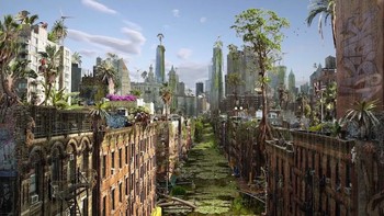 Jalanan banjir, bangunan ditumbuhi pepohonan dan bertumpuk segala macam barang. Namun menurut Chris Morin-Eitner, imajinasi versi alam yang tak terurus terlihat lebih baik daripada yang diakibatkan kecerobohan dan perilaku kotor manusia. Foto: via Brainberries