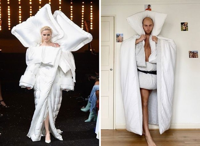 Mudah untuk meniru gaun Viktor & Rolf ini. Anda tinggal memakai bed cover putih sebagai coat dan bantal untuk kerah.  (Foto: Dok. Boredpanda)
