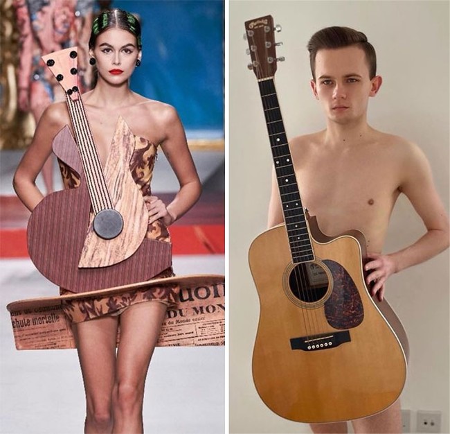 Cukup telanjang dan tutup badan dengan gitar, maka jadilan gaun Moschino yang pernah dipakai Kaia Gerber di catwalk. (Foto: Dok. Boredpanda)