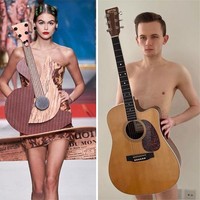 Cukup telanjang dan tutup badan dengan gitar, maka jadilan gaun Moschino yang pernah dipakai Kaia Gerber di catwalk. (Foto: Dok. Boredpanda)