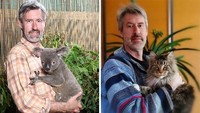 Pria ini menggendong koala di Queensland tahun 2018, dan sekarang menggendong kucing peliharannya.  