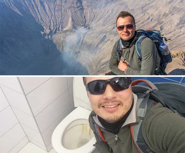 Pria ini foto di atas kawah, dan sekarang dengan pakaian yang sama hanya bisa berfoto di atas kloset. Pria ini foto di atas kawah, dan sekarang dengan pakaian yang sama hanya bisa berfoto di atas kloset.