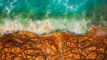 Honorable Mentions - karya Nathan Rendro (AS). Gambar ini menunjukkan bahan permata hijau prase opal, yang  diperbesar melalui mikroskop menyerupai pemandangan udara dari garis pantai Foto: Olympus Image of the Year 2019