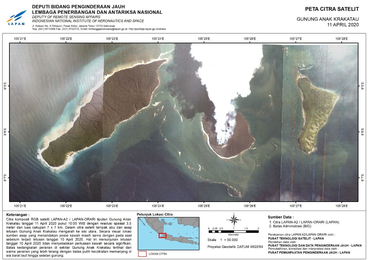 Satelit LAPAN A2/LAPAN ORARI berhasil memotret kondisi terkini Gunung Anak Krakatau usai erupsi pada akhir pekan kemarin.