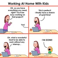 Jika kamu berpikir bisa mengerjakan pekerjaan kantormu di rumah dengan tenang, maka hal ini tidak berlaku bagi para orangtua yang memiliki anak kecil. Mereka akan terus mengganggu dan membuatmu tidak bisa bekerja dengan damai. Foto: Facebook Hedger Humor