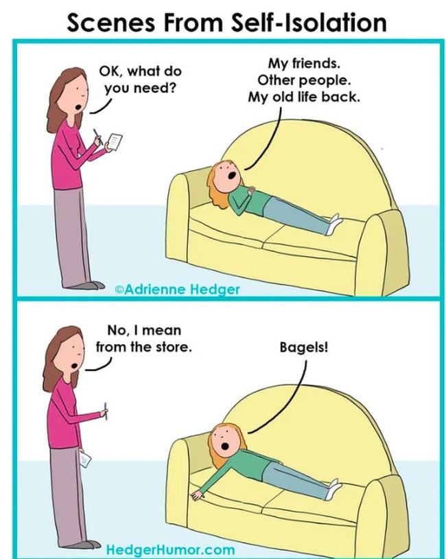 Komik karya Hedger terinspirasi dari situasi yang dialaminya selama melakukan isolasi diri di rumah bersama suami dan kedua anaknya. Seperti yang satu ini, bertemu dengan teman, orang lain, serta kembali hidup seperti dulu sebelum infeksi COVID-19 menyebar adalah hal yang paling kita butuhkan saat ini. Setuju? Foto: Facebook Hedger Humor