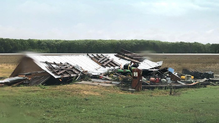 In this image made from video provided by WLBT-TV strong storms pound parts of the Deep South, including this house and shed in Yazoo County, Miss., Sunday, April 12, 2020. Winds damaged buildings and toppled trees throughout Louisiana and Mississippi as they advance to Tennessee and Alabama. (Mike Evans/WLBT-TV, via AP)