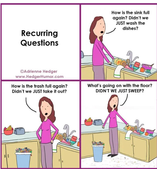 Beginilah yang dialami oleh Hedger dan ibu-ibu yang melakukan isolasi diri di rumah bersama keluarganya. Rasanya pakerjaan rumah tidak ada habis-habisnya ya? Beberapa menit yang lalu sudah dibersihkan lalu beberapa menit kemudian sudah kotor lagi. Foto: Facebook Hedger Humor