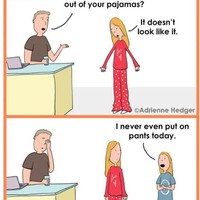 Ini nih salah satu keuntungan dari isolasi diri di rumah. Kamu bisa bebas menggunakan pakaian apapun yang kamu inginkan. Bahkan kamu tidak perlu sering-sering menggantinya dan bisa menggunakan pakaian tidurmu untuk seharian penuh di rumah. Apakah kamu juga seperti ini? Foto: Facebook Hedger Humor