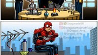 Ini perbedaan antara Batman dan Spiderman jika sedang makan. Batman yang kaya raya makan di restoran mewah, sementara Spiderman yang hanya mahasiswa makan di atas atap. Foto: @dragonartebr.official