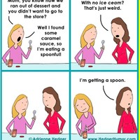 Karena isolasi diri membuatmu sulit untuk keluar rumah, maka makanan apapun yang ada di rumah pasti akan kamu lahap. Sekalipun itu hanyalah saus caramel tanpa es krim atau roti. Cukup aneh tapi nyata ya? Foto: Facebook Hedger Humor