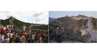 Selanjutnya kita akan melihat suasana Tembok Raksasa China yang ramai dikunjungi wisatawan pada tahun 2008. Lalu foto sebelahnya yang menggambarkan sepinya Tembok Raksasa China akibat pandemi COVID-19 pada Maret 2020. China merupakan pusat epicentrum virus Corona. Andrew Wong/Getty Images,  Lintao Zhang/Getty Images.