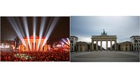 Gerbang yang ikonik dan terkenal di Jerman yaitu Gerbang Brandeburg. Tampak foto pertama menjelaskan tentang warga Jerman merayakan perayaan nasional di Gerbang Brandeburg pada November 2014. Sementara gerbang itu merupakan pintu masuk yang tersisa di Berlin saat perang dunia ke-2. Bisa kita lihat foto sebelahnya Gerbang Brandeburg yang sangat sepi karena kunjungan wisatawan yang dibatasi saat masa COVID-19 pada Maret 2020. Sean Gallup/Getty Images, AP Photo/Markus Schreiber.