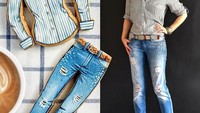 Gaya trendi dan kasual ini juga Liz Joy buat untuk hiasan cookiesnya. Ia mengikuti gaya yang tertera pada foto tersebut. Celana jeans bergaya edgy dan kemeja garis-garis berwarna biru nampak cantik saat dipadukan. Foto: Instagram @inspiredtotaste