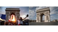 Tampak suasana Arc De Triomph di Paris yang diambil pada tahun 2018 saat selebrasi kemenangan sebagai juara Piala Dunia. Sedangkan foto disebelah (kanan) adalah foto yang diambil pada tahun 2020 yang menggambarkan negara Perancis sat masa lockdown. Jack Taylor/Getty Images, Veronique de Viguerie/Getty Images.