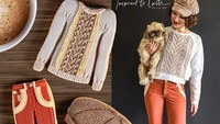 Tak hanya gaun, Liz Joy juga mahir membuat beragam bentuk gaya busana lainnya. Seperti gambar berikut ini, ia mengikuti foto disebelahnya dengan membuat sweater rajut dan celana panjang warna merah, tak lupa topi baretnya. Foto: Instagram @inspiredtotaste