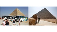 Beberapa turis yang datang melihat piramida di Giza, Kairo pada tahun 2004. Lalu foto sebelahnya tampak seorang petugas membersihkan kawasan Giza dengen disinfektan pada tahun 2020. Saat ini kawasan wisata favorit itu ditutup sementara guna memutus rantai penyebaran COVID-19. Sean Gallup/Getty Images, AP Photo/Nariman El-Mofty.