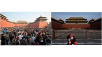 Foto pertama ini menggambarkan dengan jelas ramainya turis saat mengunjungi wisata ikonik Kota Terlarang di China pada Oktober 2015. Lalu foto disebelahnya terlihat suasana Kota Terlarang yang dikunci saat wabah virus Corona pada Januari 2020 lalu. VCG via Getty Images, Kevin Frayer/Getty Images.
