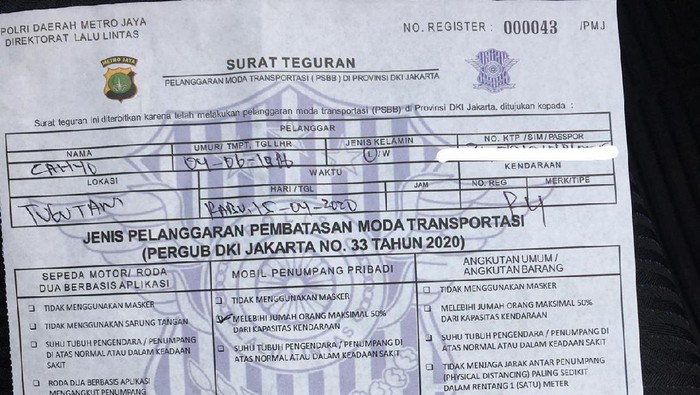 Ini Blanko Teguran bagi Pelanggar Pembatasan Transportasi PSBB DKI
