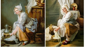 Karya ini memiliki judul wanita laundry atau tukang cuci baju yang dbuat oleh seniman Perancis Jean-Baptiste Greuze pada tahun 1761. Saat pandemi COVID-19 karya ini direpro kembali oleh Natalya Altypina. Karya milik Jean ini memiliki arti buruh tukang cuci yang memiliki peran ganda sebagai pembantu maupun objeksitas seksual pada zaman itu serta majikan yang keras terhadap kasta bawah. AP Photo/Natalya Altypina.