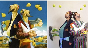 Ruslan Ablaev yang dengan niat menggantungkan beberapa apel di dinding rumah mereka. Kemudian mengenakan pakaian unik untuk menirukan karya lukisan Folk Humour milik Bakhtiyar Umarov. Ruslan Ablaev via AP.