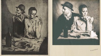 Lalu ada karya The Frugal Meal yang dibuat oleh Seniman Spanyol Pablo Picasso dengan teknik media baru pada tahun 1904. Kaya ini repro kembali oleh warga Rusia bernama  Irena Kazatsker. Perlu diketahui karya Pablo Picasso ini saat itu merajai dunia seni rupa hingga tujuh dekade. Lukisan ini menceritakan tentang manusia yang terbuang pada zaman itu dengan visual pria yang kurus kering dan wanita yang menanti anggur kosong. Irena Kazatsker via AP.