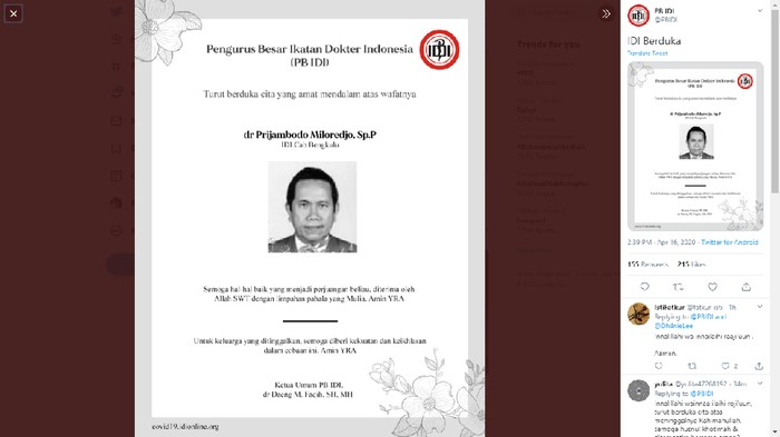 PB IDI umumkan dokter di Bengkulu meninggal karena Corona. Total ada 24 dokter yang meninggal selama pandemi Corona (Twitter PB IDI)