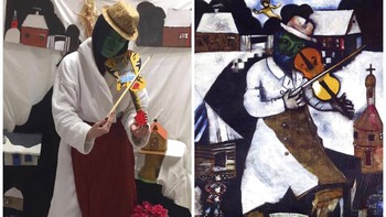 Terakhir karya milik pelukis asal dari Belarus bernama March Chagall. Karyana di repro kembali oleh Galina Vishnevskaya. Marc Chagall adalah seniman modern abad ke 20.Seorang pelukis, ilustrator buku, pembuat keramik, pelukis kaca patri, desainer panggung dan pembuat permadani, Beliau adalah pelukis yahudi yang terkenal pada abad ke-20. Galina Vishnevskaya via AP.