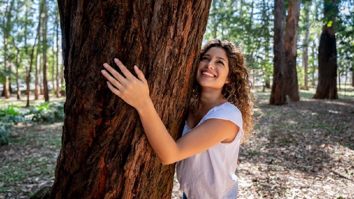 Gadis memeluk pohon besar di sebuah hutan.