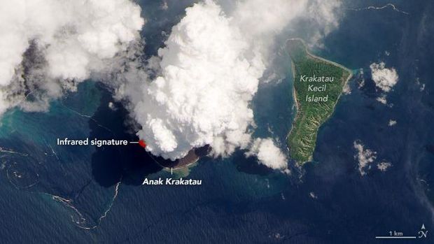 This is the appearance of Mount Anak Krakatau after the eruption last weekend in NASA shots.