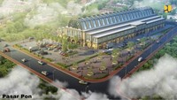 Rekonstruksi Pasar Pon dengan lahan seluas 12.000 m2 dan luas bangunan 5.800 m2. Pembangunannya meliputi pekerjaan persiapan (pembersihan dan K3), pekerjaan struktural (lantai 1, lantai 2, dan atap), arsitektural pada lantai 1 dan 2, pekerjaan listrik dan mekanikal meliputi trafo, kabel feeder, CCTV, genset, alarm, pemadam kebakaran, AC, dan lain-lainnya yang berada di lantai 1 dan 2, instalasi plumbing, lansekap, dan infrastruktur pendukung lainnya. Foto: Dok. Kementerian PUPR