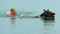 Di tengah pandemi Corona, Pemilik kuda pacu ini akhirnya melatih kuda pacunya di Pantai Talise, Palu, Sulawesi Tengah.