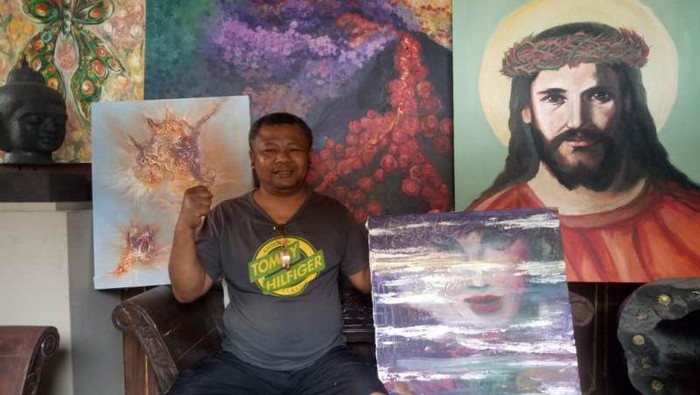Karya lukis Ismanto yang dibarter dengan bahan pangan, Senin (20/4/2020).
