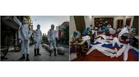 Dan yang paling sering ditemui saat ini adalah petugas yang membersihkan ruang publik dengan disinfektan. Pada foto kiri kita bisa melihat petugas ini bisa dari pihak militer, palang merah dan relawan di Indonesia.Lalu di foto sebelah kanan, kita bisa melihat para tukang jahit yang menjahit baju hazmat untuk APD para petugas medis atau siapapun yang bekerja di zona merah COVID-19.  Ulet Ifansasti/Getty Images,  Yawar Nazir/Getty Images.