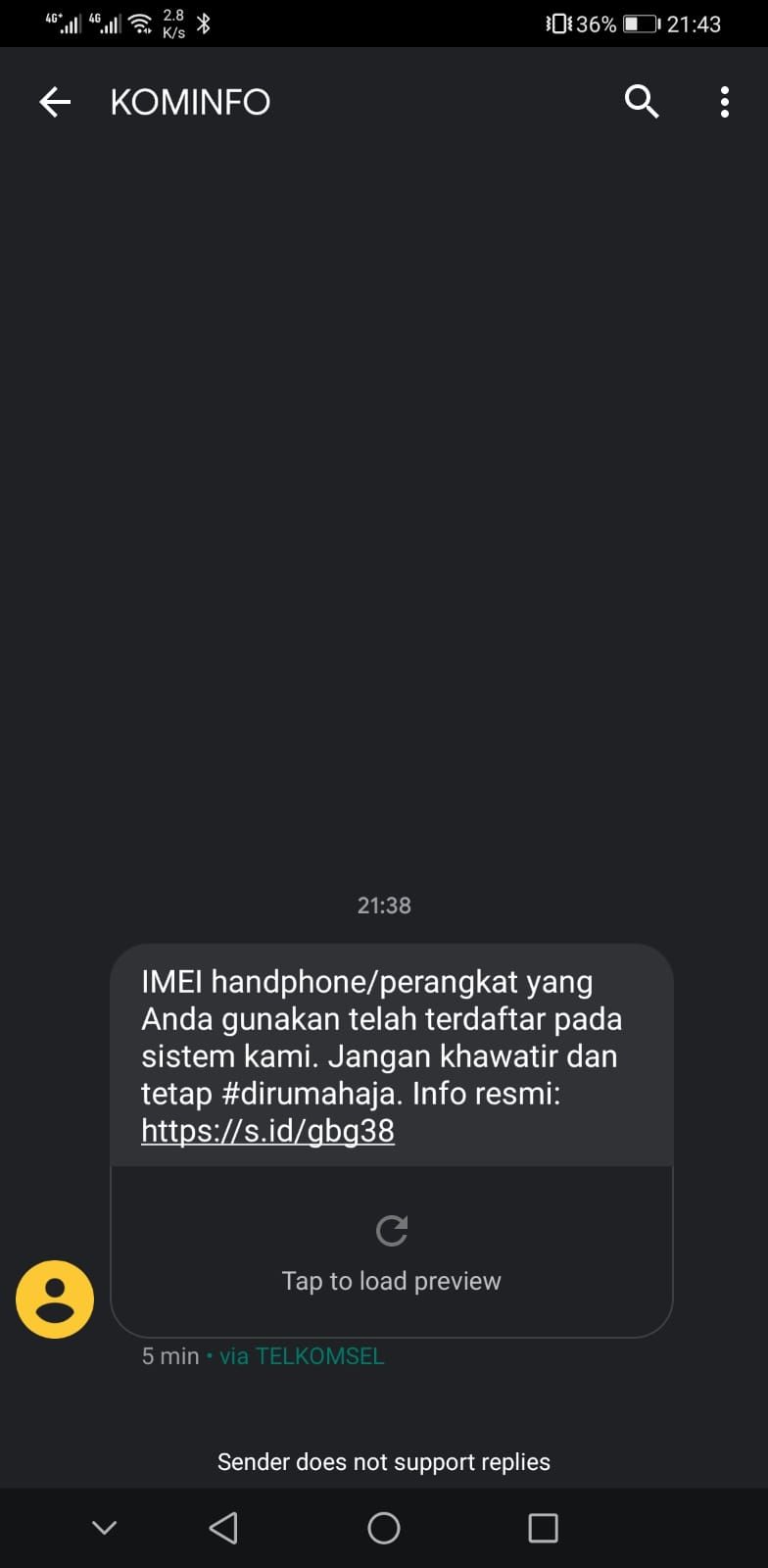 Contoh notifikasi SMS untuk menginfokan bahwa perangkat kalian itu legal untuk pelanggan Telkomsel.