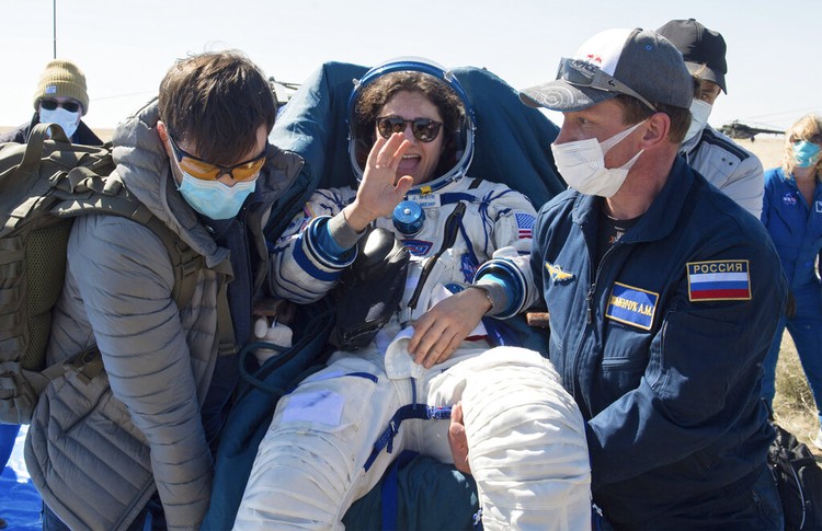 Kazakhstan Russia Space Station In this handout photo released by Gagarin Cosmonaut Training Centre (GCTC), Roscosmos space agency, U.S. astronauts Andrew Morgan, left, Jessica Meir, right, and Russian cosmonaut Oleg Skripochka sit in chairs shortly after the landing of the Russian Soyuz MS-15 space capsule near Kazakh town of Dzhezkazgan, Kazakhstan, Friday, April 17, 2020. An International Space Station crew has landed safely after more than 200 days in space. The Soyuz capsule carrying NASA astronauts Andrew Morgan, Jessica Meir and Russian space agency Roscosmos Oleg Skripochka touched down on Friday on the steppes of Kazakhstan. (Andrey Shelepin, Gagarin Cosmonaut Training Centre (GCTC), Roscosmos space agency, via AP)