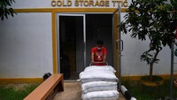 Pekerja mengangkut karung berisi beras yang akan dijual di Toko Tani Indonesia Centre, Pasar Minggu, Jakarta Selatan.