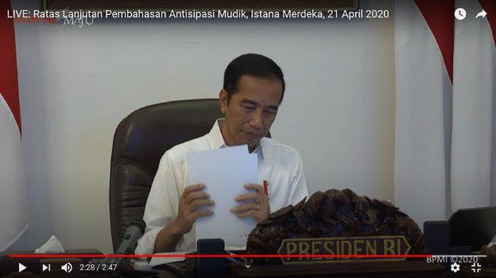 Tangkapan layar saat Presiden Jokowi mengumumkan larangan mudik