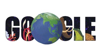 Tahun 2015, di mana dalam tulisan Googlenya tersematkan gambar hewan dan tumbuhan serta gambar bola dunia yang besar. (Foto: Google)