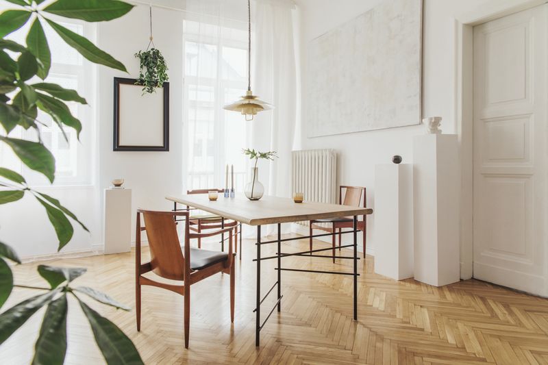 Stylish and modern dining room interior with design furniture. Eclectic decor.
