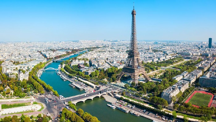 Eiffel Tower or Tour Eiffel aerial view, is a wrought iron lattice tower on the Champ de Mars in Paris, France