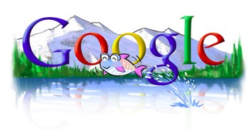 Tahun 2004, tampilan doodle sudah mulai banyak gambar dengan pemandangan gunung, sawah dan ikan. (Foto: Google)